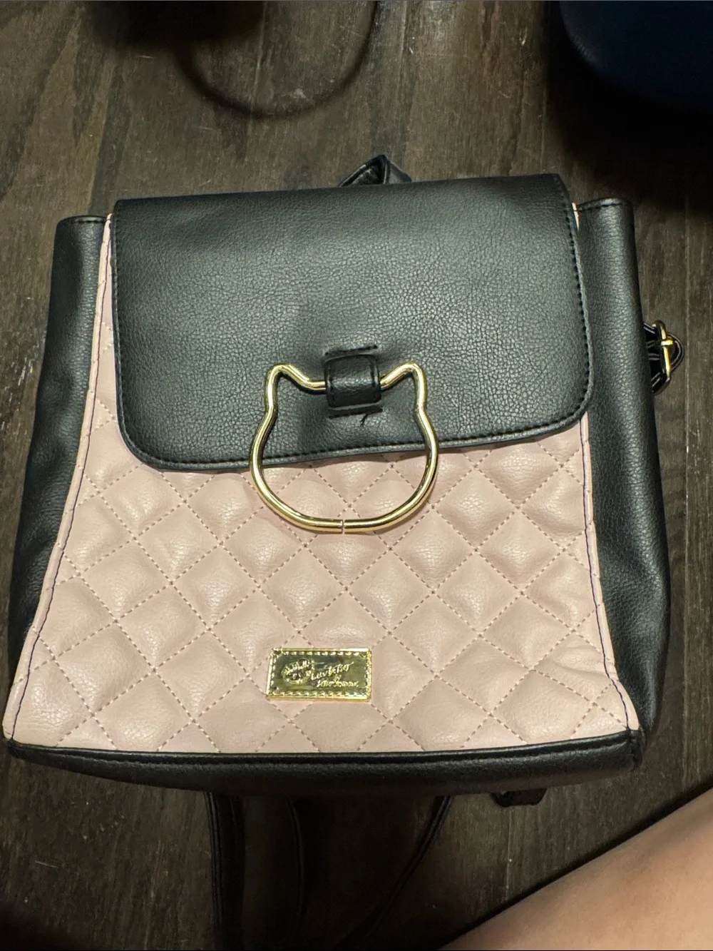 Betsey Johnson Pink and Black Quilted Backpack with Gold Cat-Ring